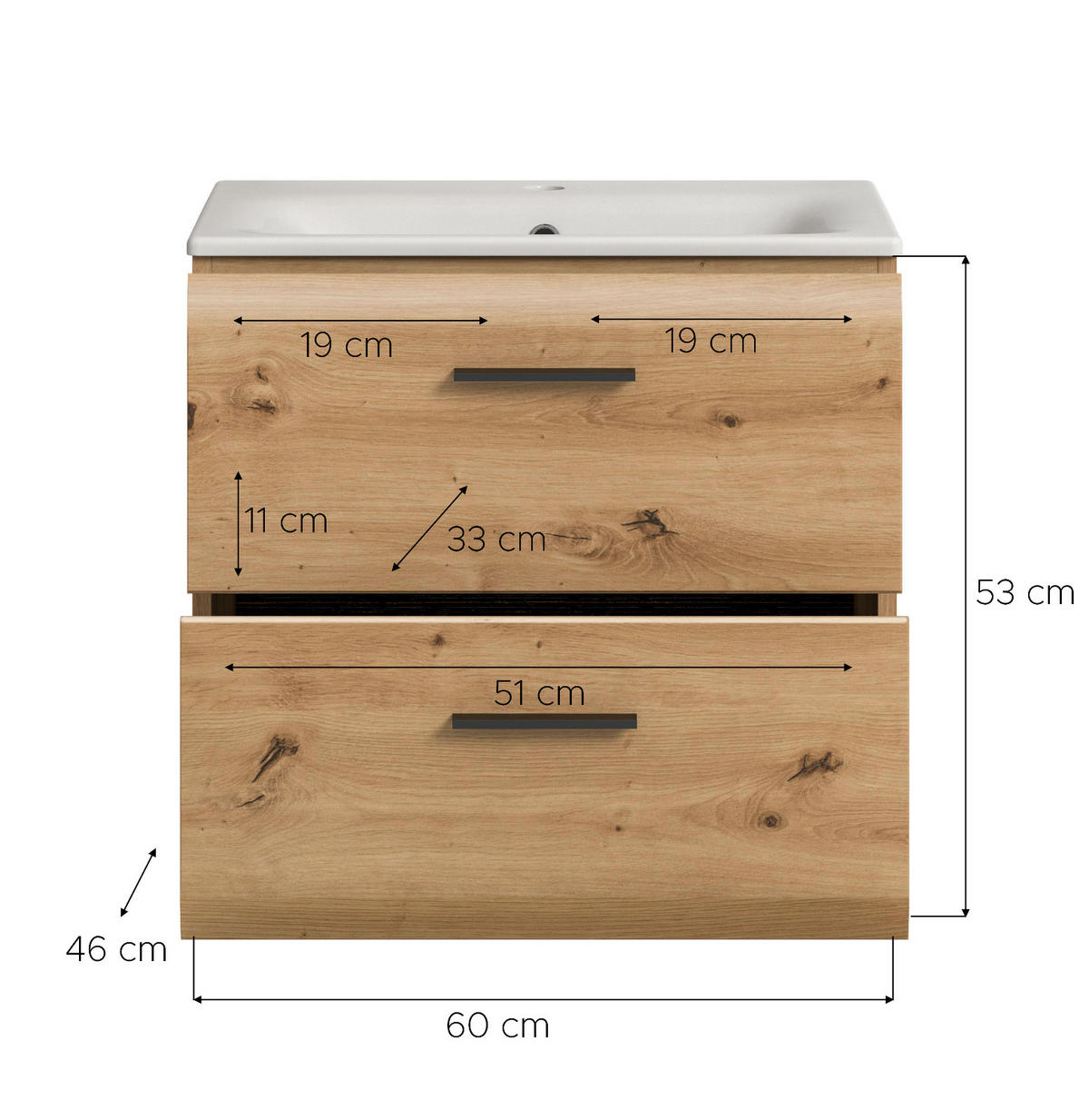 WASCHTISCH inklusive Waschbecken, Waschbeckenunterschrank Eiche hängend 60 cm - Schwarz/Eiche Artisan, Keramik/Holzwerkstoff (60/55/46cm) - Inn.Furn