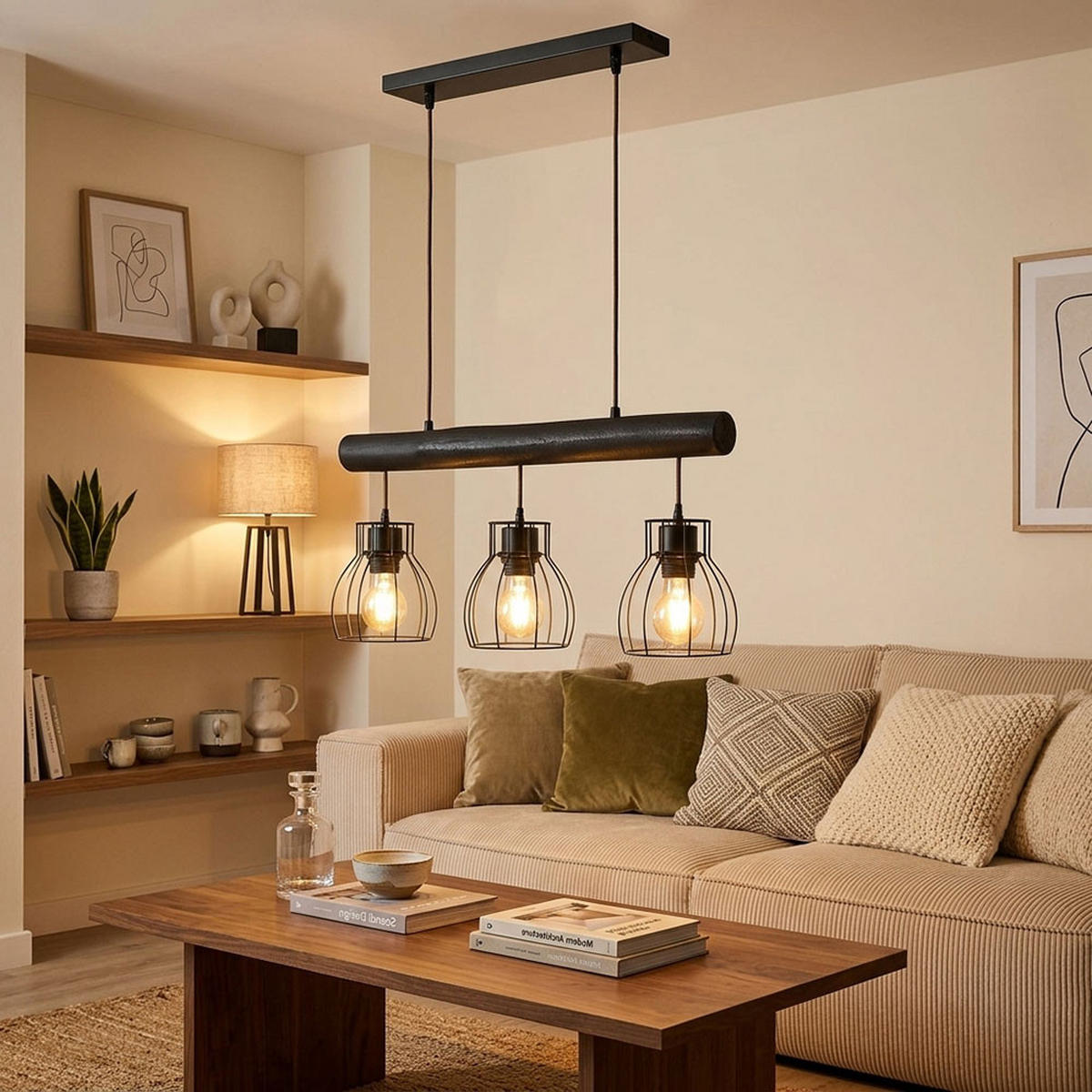 LED HÄNGELEUCHTE Holz Schwarz Metallgitter - Schwarz, Holz (60/13.6/140cm) - Globo Lighting