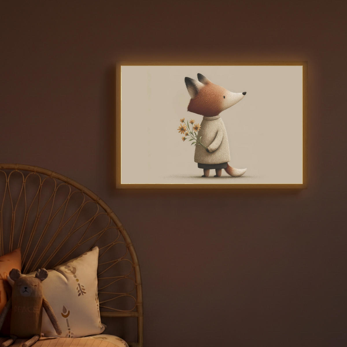 DOBÍJECÍ NOČNÍ LAMPIČKA Liška - Žluté květy - Minimalistický 60x40 cm - šedohnědá, kompozitní dřevo (8/60/40cm) - OnlyWow