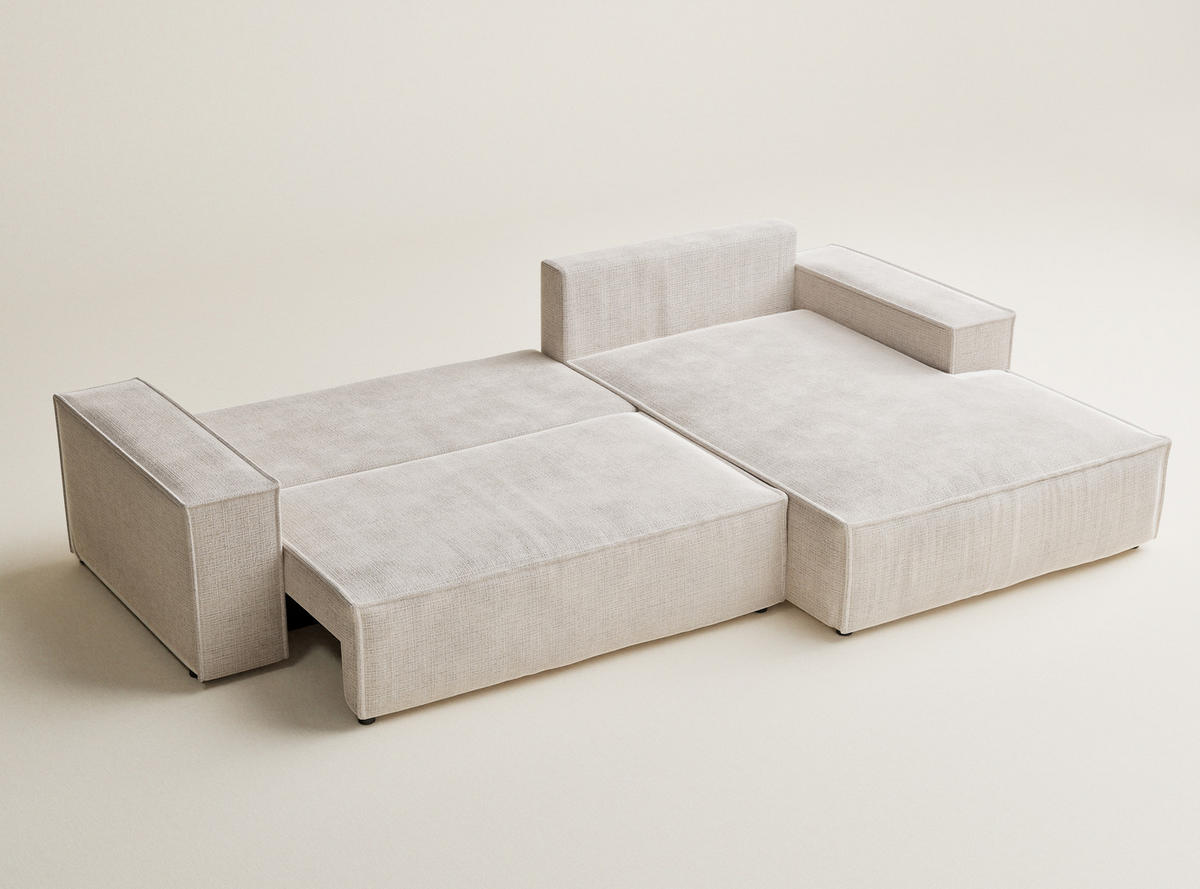 ECKSOFA Maze Creme Chenille-Stoff - Rechts Seite - Creme/Schwarz, Holz/Holzwerkstoff (294/185cm) - Maison de Reve