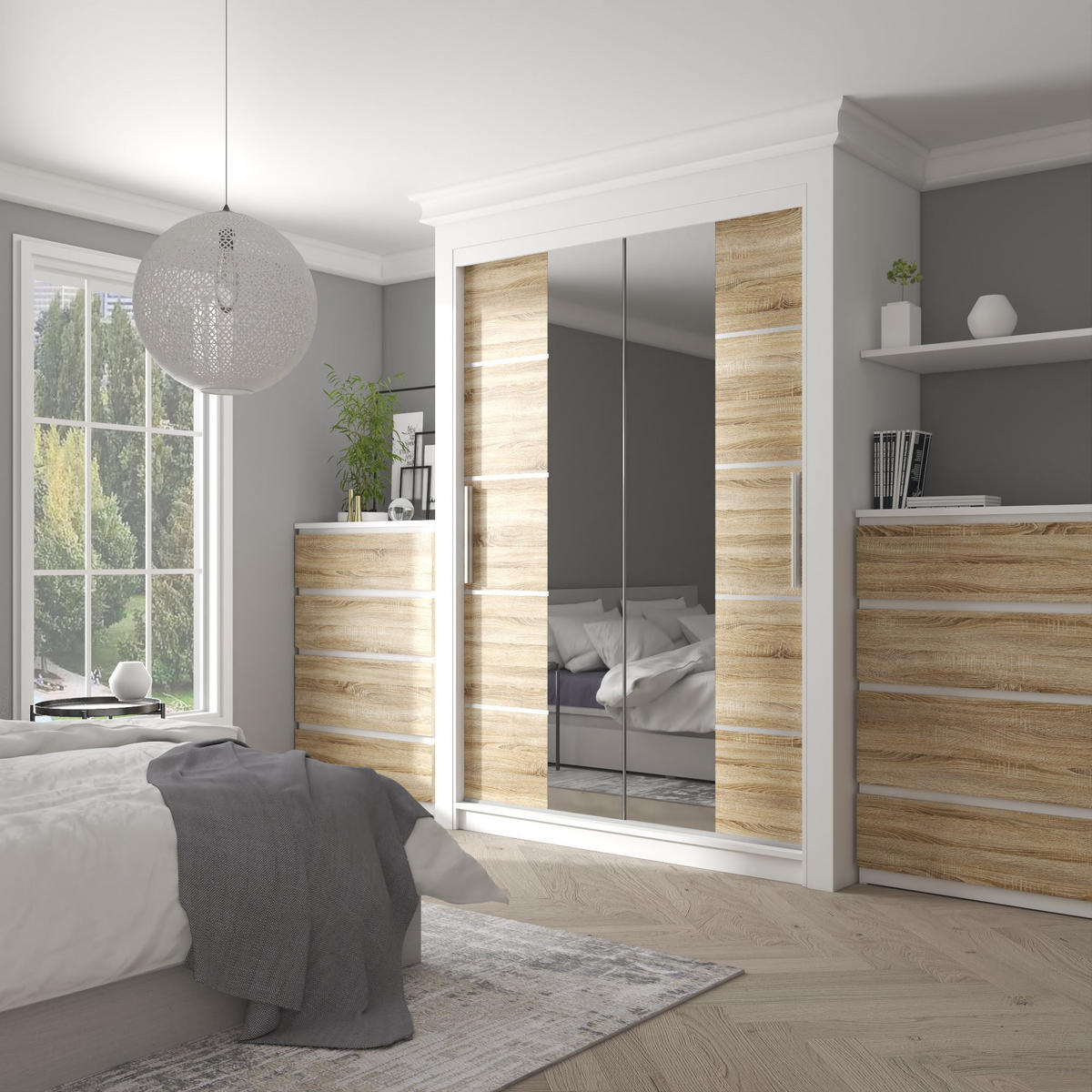 SCHWEBETÜRENSCHRANK Verona ME, Weiß/Sonoma Eiche Matt, 133 cm, mit Spiegel & 2 Schubladen - Sonoma Eiche, Holz (133/216/60cm) - B BELINI GROUP