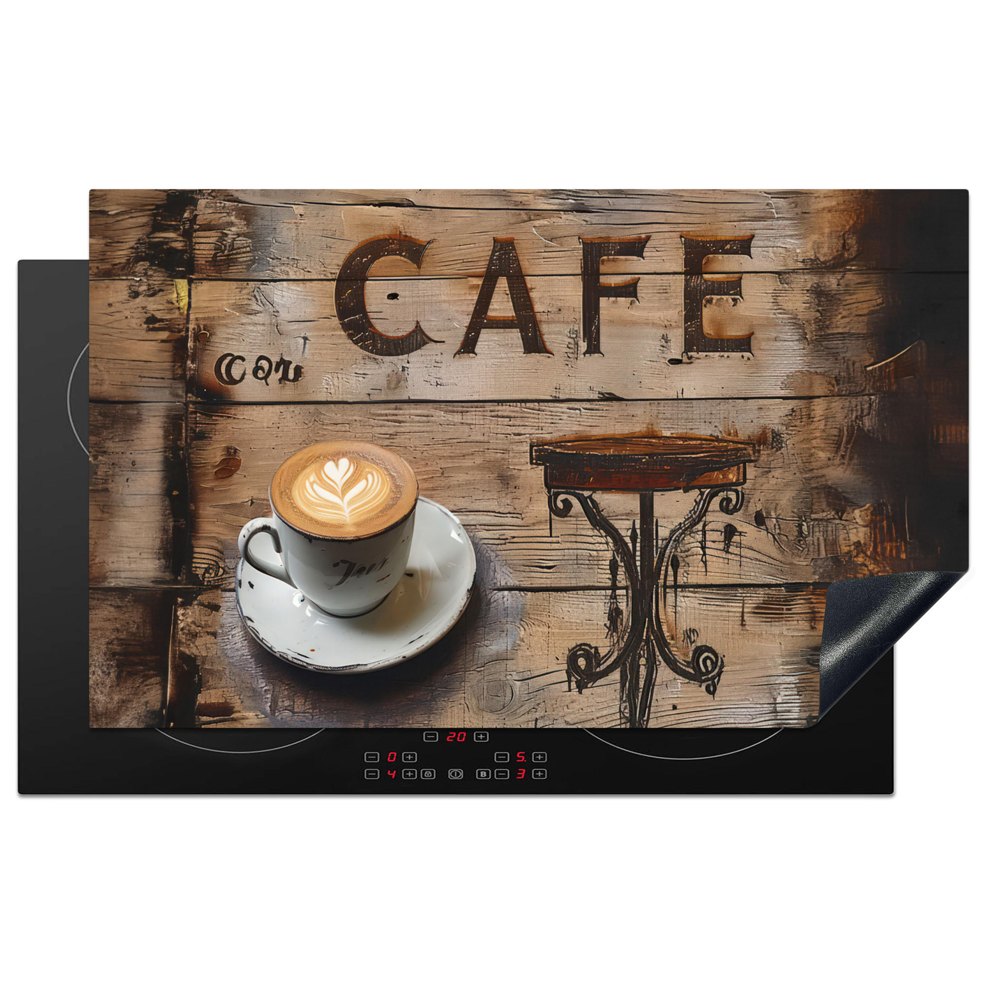 HERDABDECKPLATTE Cafe - Holz - Kaffee - Regale Induktionsmatte 83x51 cm - Schwarz, Kunststoff (83/51.5/0.2cm) - MuchoWow