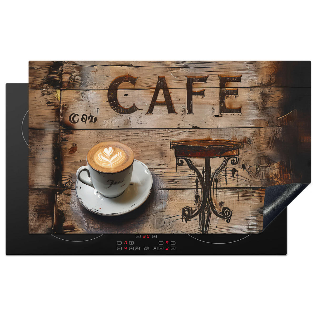 HERDABDECKPLATTE Cafe - Holz - Kaffee - Regale Induktionsmatte 83x51 cm - Schwarz, Kunststoff (83/51.5/0.2cm) - MuchoWow