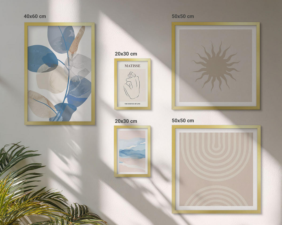BILDER SET 5er Set - 50x50 cm & 20x30 cm & 40x60 cm Goldrahmen - Linien, Wellen, Pastellfarben, minimalistisch - Goldfarben, Kunststoff (40/60cm) - TULUP