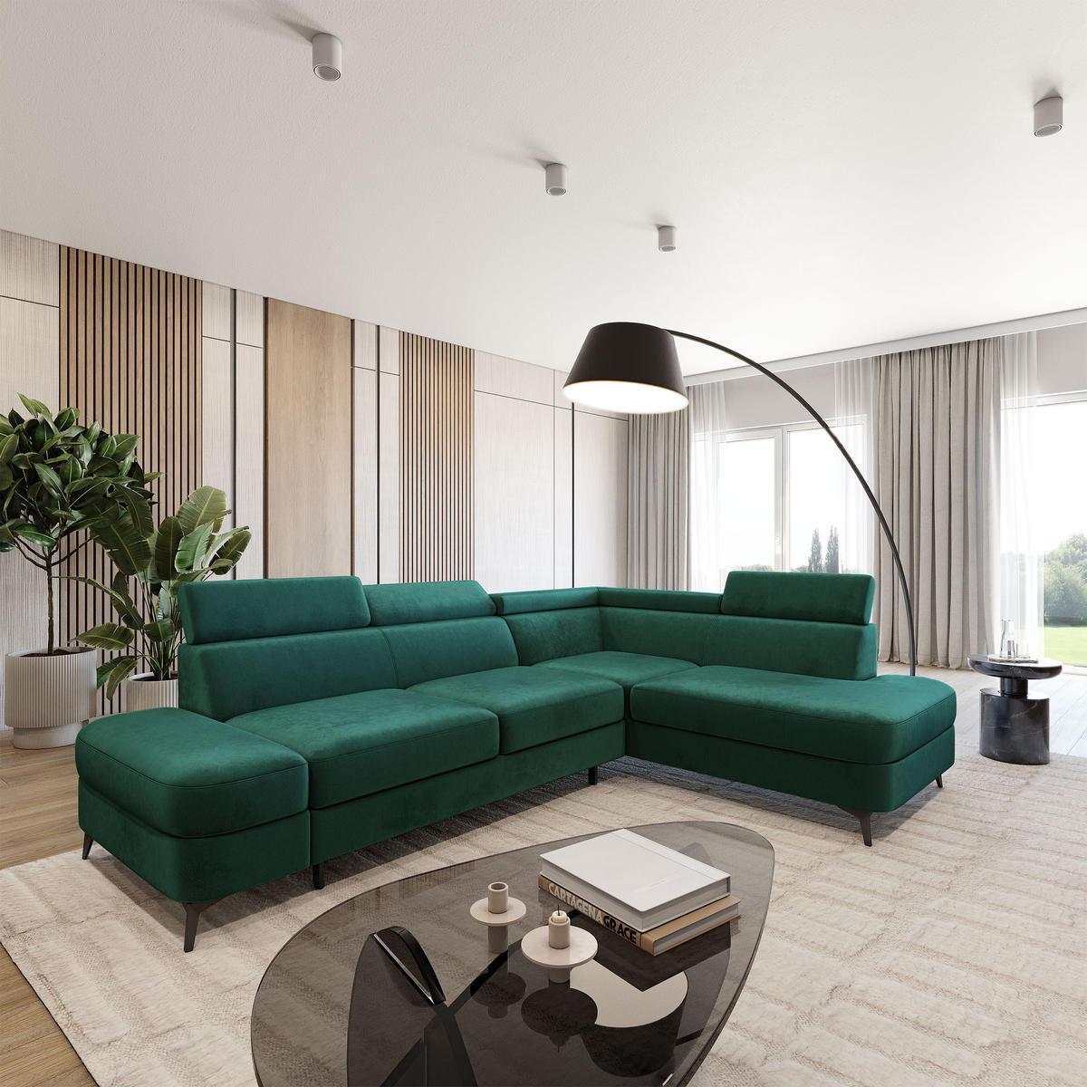 ECKSOFA AVISE M R-S Grün Velours-Stoff mit Schlaffunktion - Grün, Holzwerkstoff/Textil (268/195cm) - MASSENO