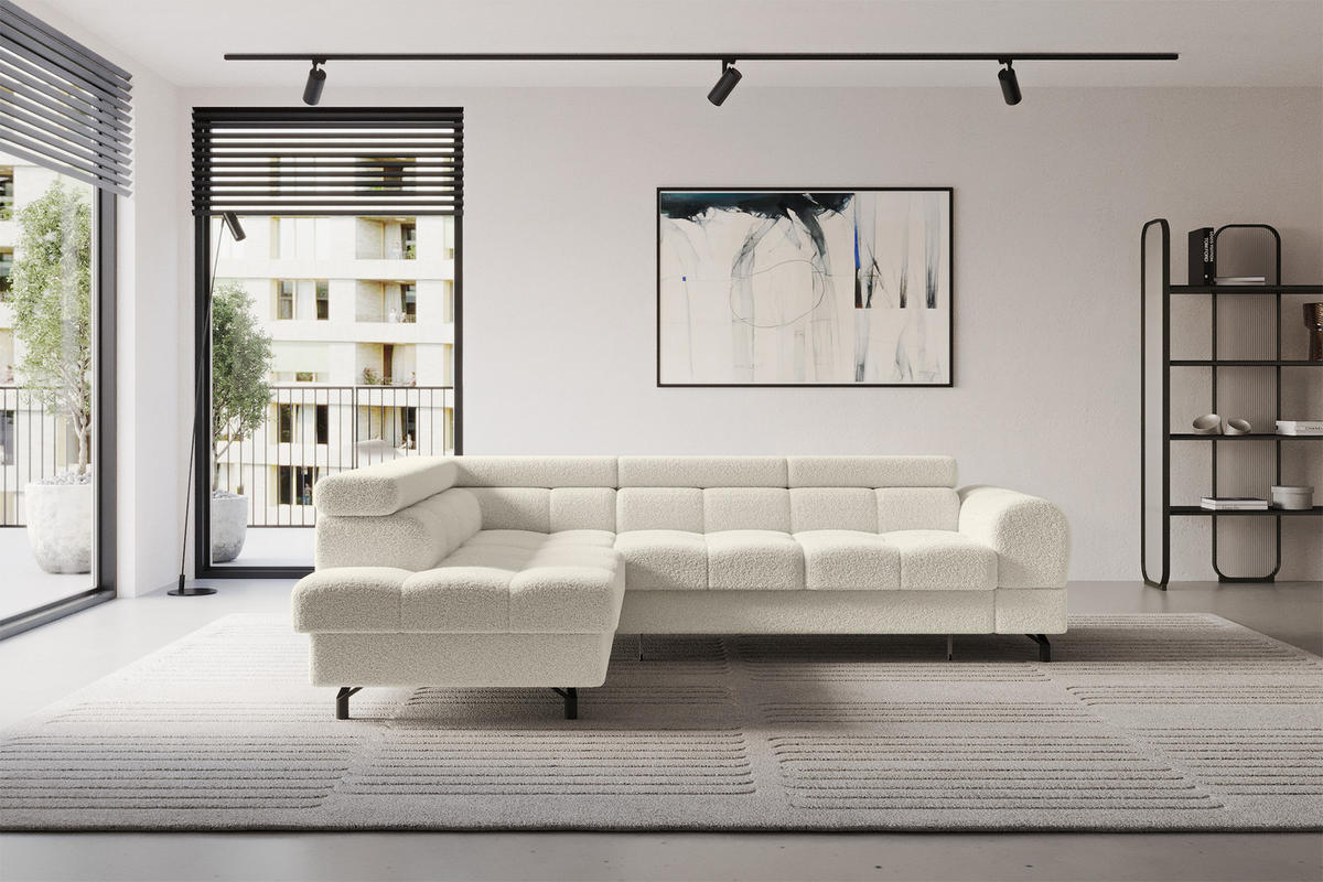 ECKSOFA mit Schlaffunktion Ottomane Links LUMA-L 272x203x70 Beige Bouclé - Sandfarben/Schwarz, Holzwerkstoff/Kunststoff (272/203cm) - ALTDECOR