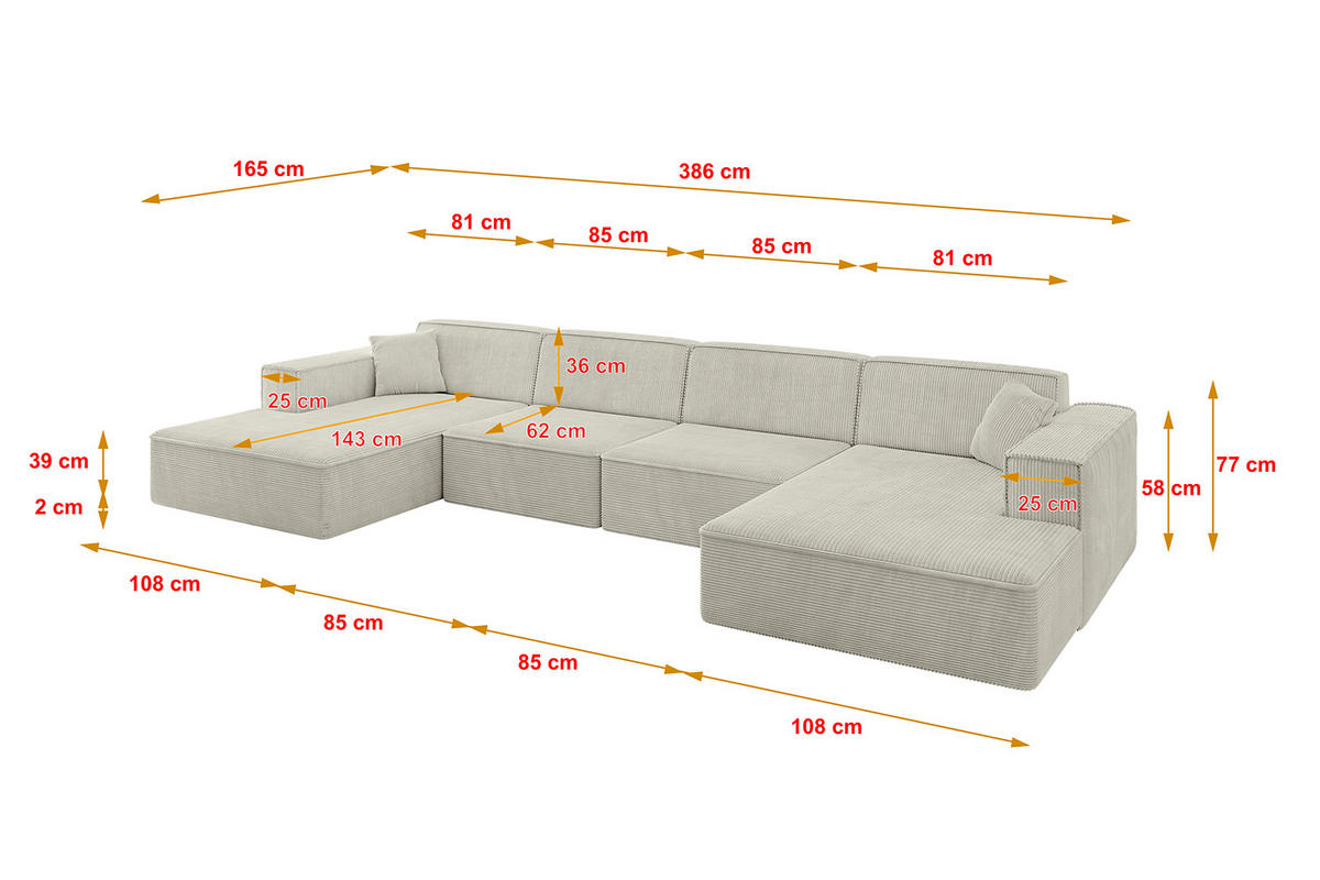 WOHNLANDSCHAFT IREA-U2-v4 - 386x165x77 cm Hellgrau - Ecru, Holzwerkstoff/Textil (386/77/165cm) - ALTDECOR