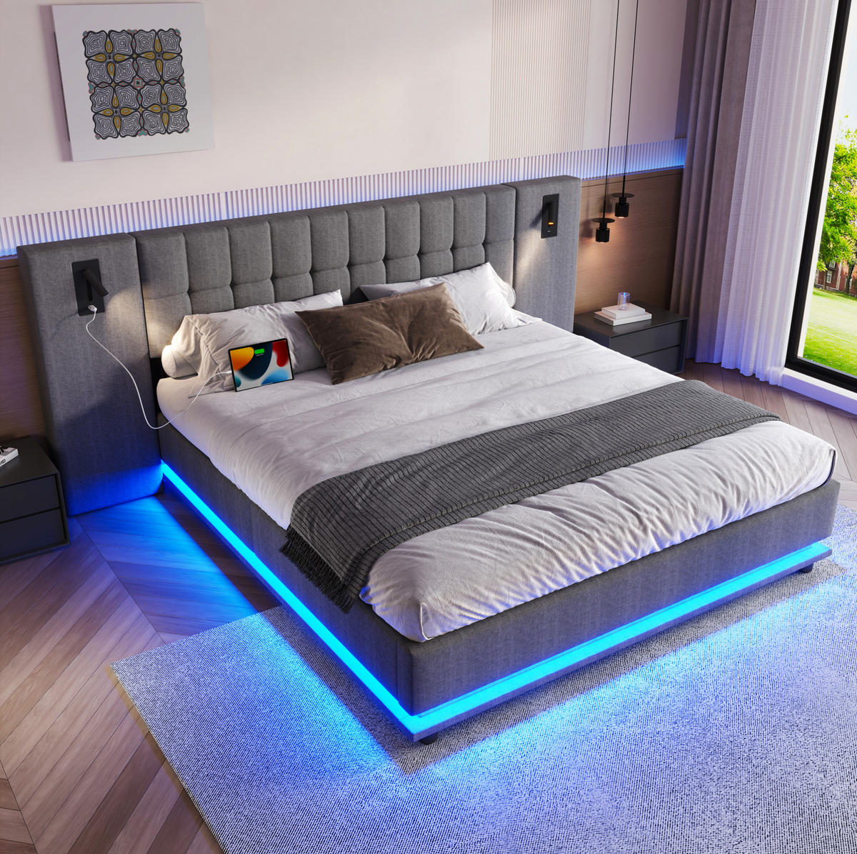 TAPECIRANI krevet 180/200 cm sivi od lana s LED rasvjetom, USB priključkom i uzglavljem sa spot svjetlom - siva, tekstil (180/200cm) - OKWISH