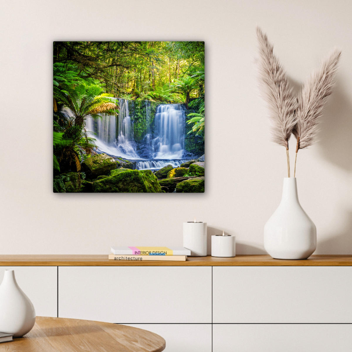 LEINWANDBILD Dschungel - Wasserfall - Australien - Pflanzen - Natur Wandbild Wohnzimmer 50x50 cm - Dunkelgrün, Textil (50/50cm) - MuchoWow