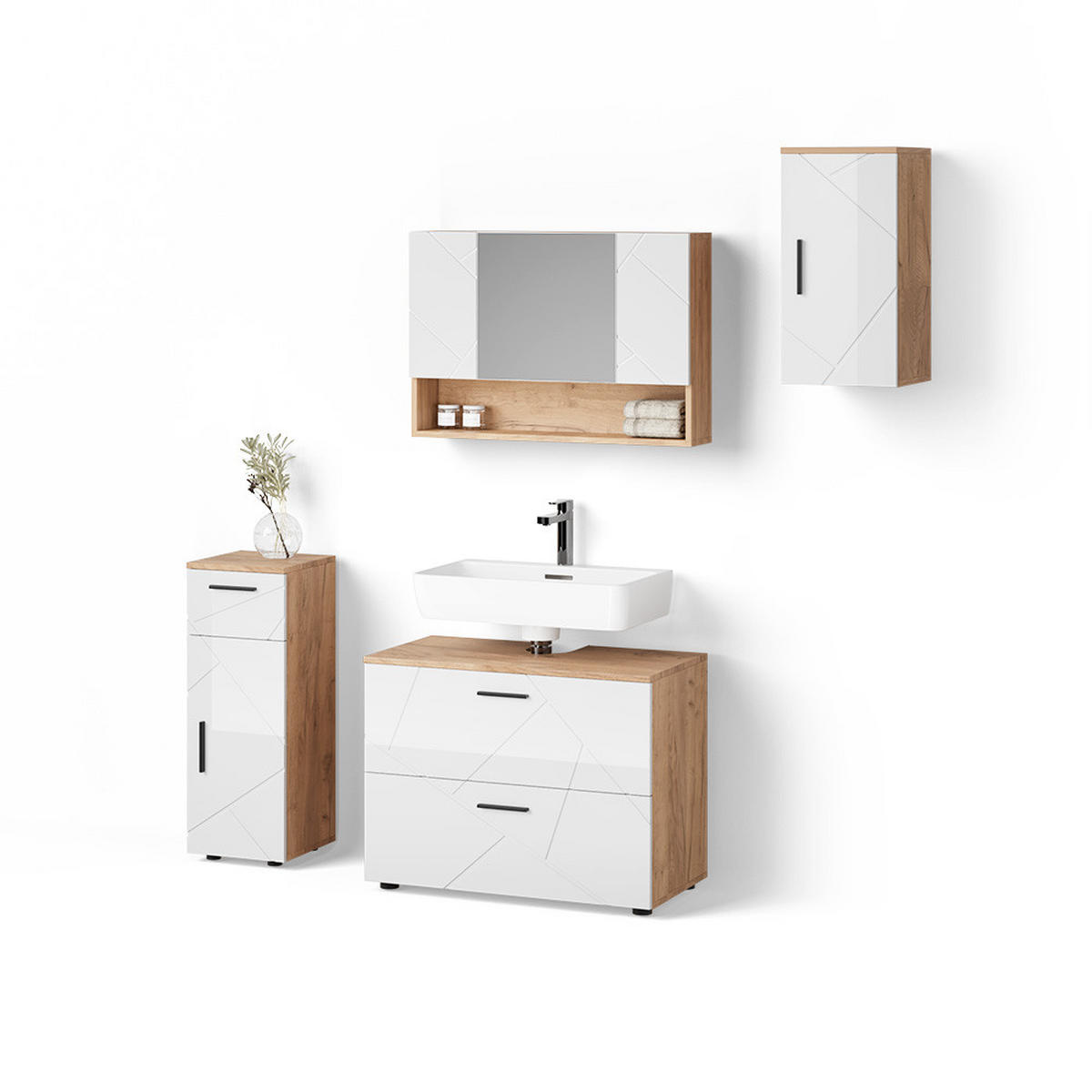 BADMÖBEL-SET Ronco Weiß Hochglanz/Goldkraft Eiche 4 Teile - Honigeiche/Weiß Hochglanz, Holzwerkstoff (80/58/41cm) - Livinity®