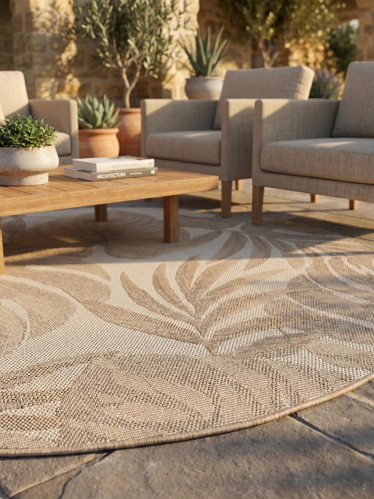 TEPPICH Outdoor VENTOUX in Beige, mit Tropen-Motiv, Ø 120 cm - Beige, Textil (120/120cm) - KADIMA DESIGN