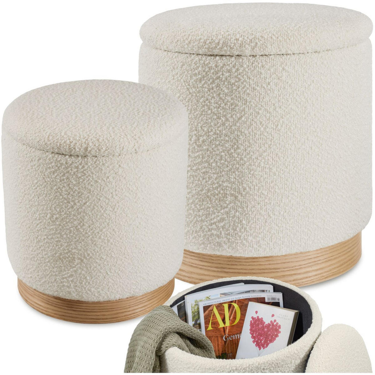 SITZHOCKER 2er Set mit Stauraum Orchide,Gestelle aus MDF-Platten,creme - Creme, Holz (38/42/38cm) - tectake