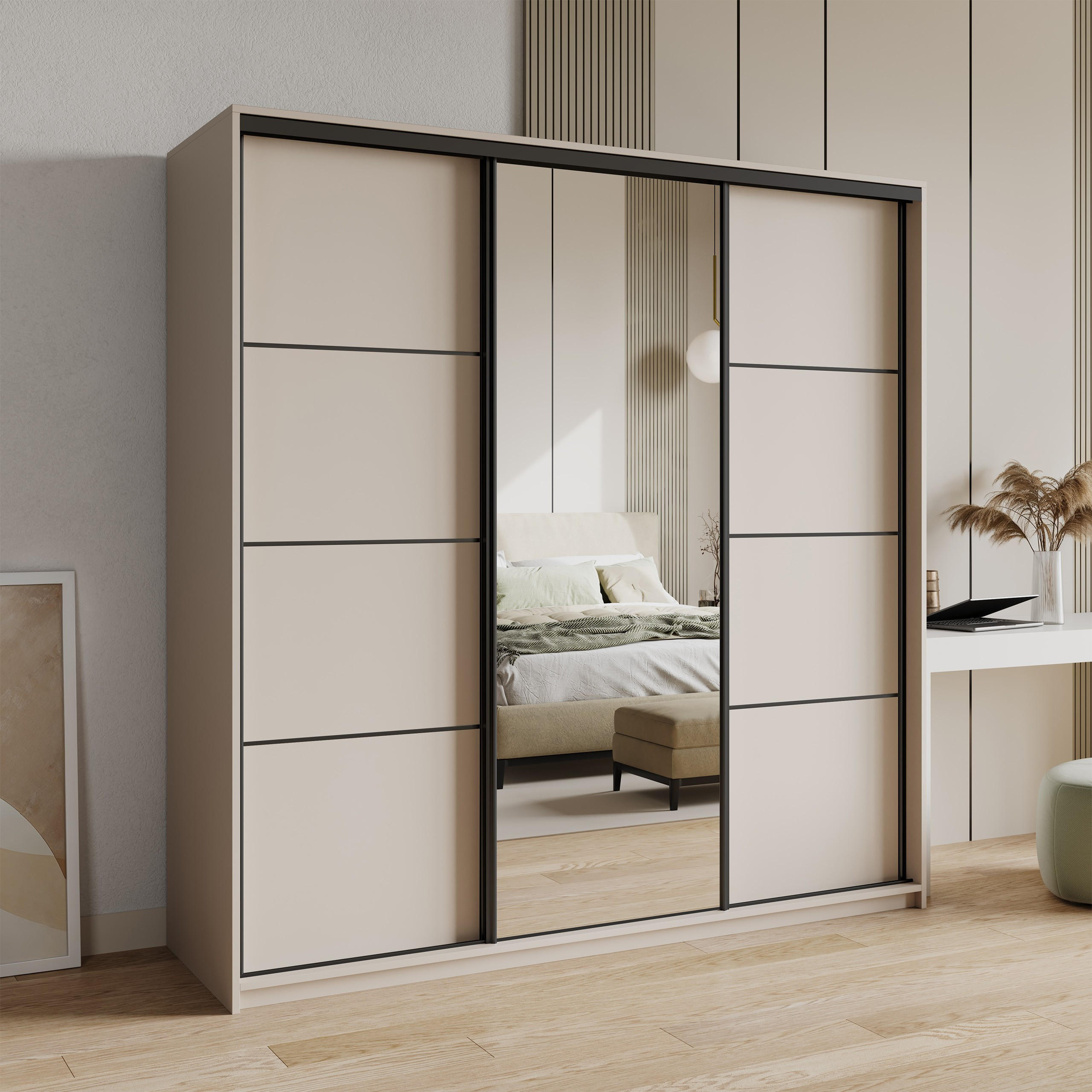 SCHWEBETÜRENSCHRANK VARO 200/205/60 cm 3-türig mit Spiegel Kaschmir - Kaschmir, Holzwerkstoff (200/205/60cm) - MASSENO