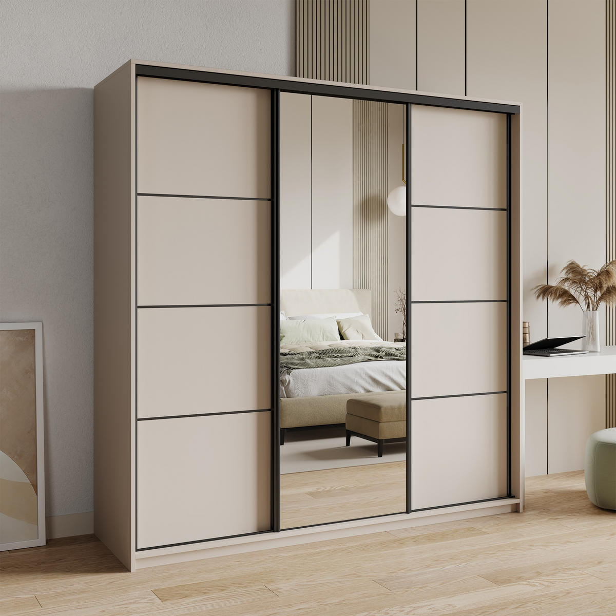 SCHWEBETÜRENSCHRANK VARO 200/205/60 cm 3-türig mit Spiegel Kaschmir - Kaschmir, Holzwerkstoff (200/205/60cm) - MASSENO