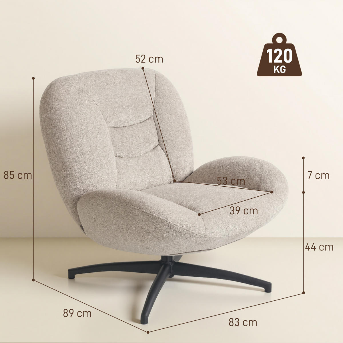 DREHBARER POLSTERSTUHL DE-06900 mit PP-Baumwollfüllung und Stahlbasis Cremeweiß - Creme, Textil/Metall (83/85/89cm) - ComfortXL