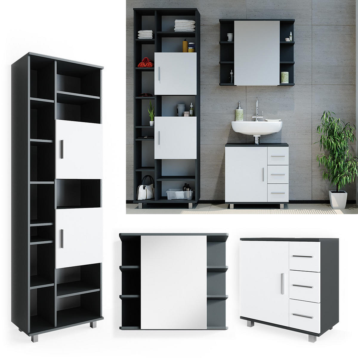 BADMÖBEL-SET Ilias Anthrazit 3 Teile, mit Unterschrank 60 cm - Anthrazit/Weiß, Holzwerkstoff (60/60.8/33cm) - Vicco
