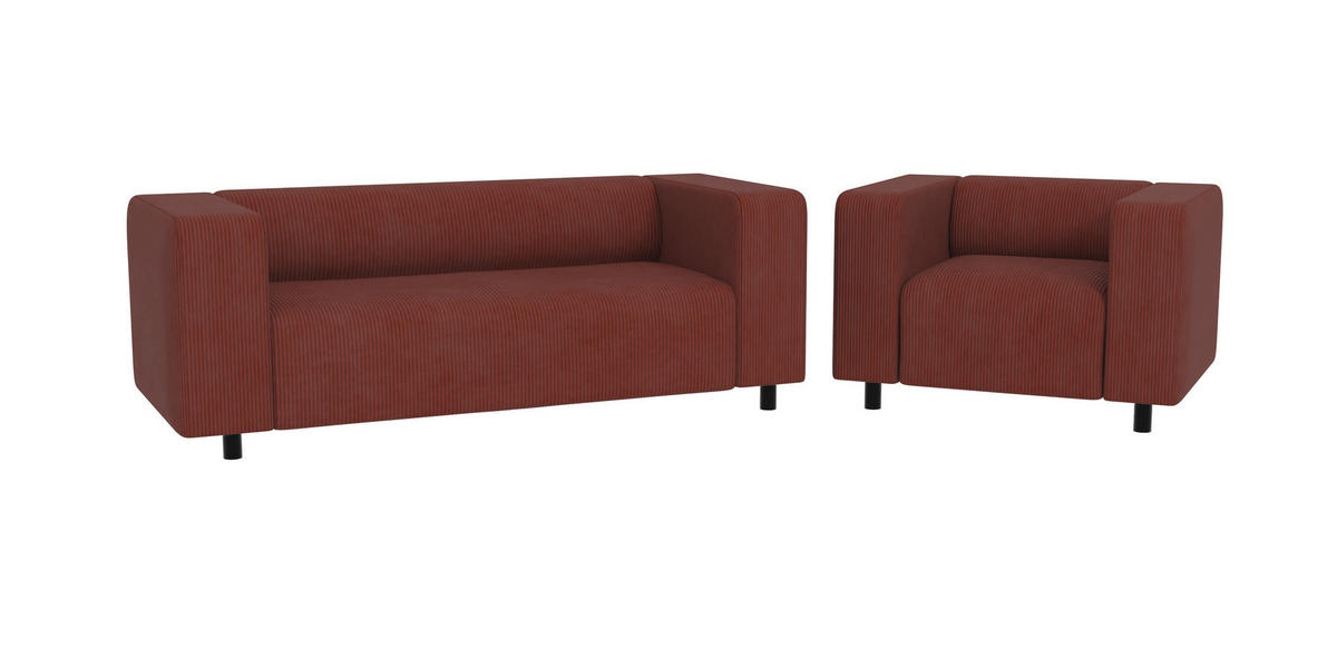 SITZGARNITUR 2+1 Tove Terrakotta Cord - Terra cotta/Schwarz, Holz/Kunststoff (151/65/80cm) - S-Style Möbel