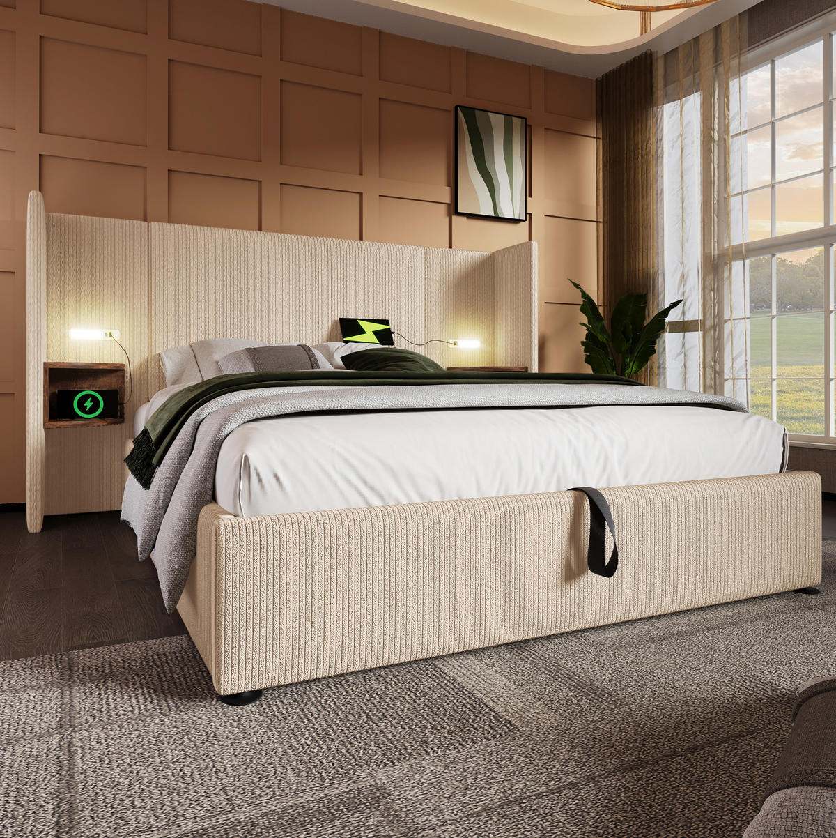 BETT mit Stauraum 180x200 cm Cord Beige mit USB und Leselampe - Beige, Metall (180/200cm) - Meubliv