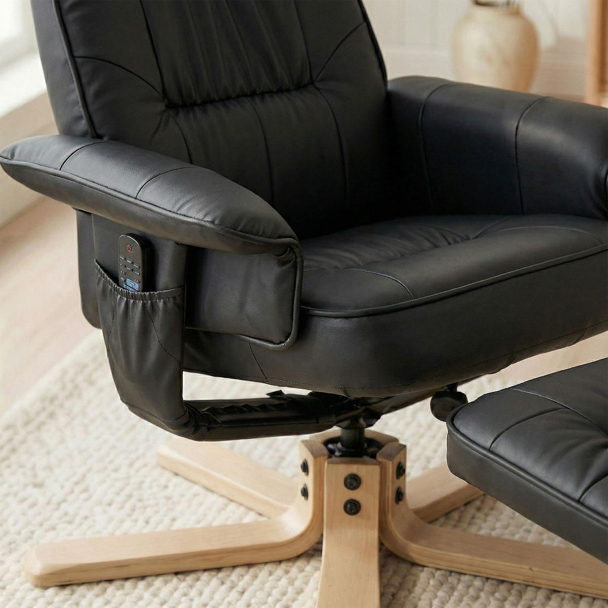RELAXSESSEL KUNSTLEDER, SET MIT HOCKER CHARLY - Schwarz, Textil (76/87/61cm) - IDIMEX