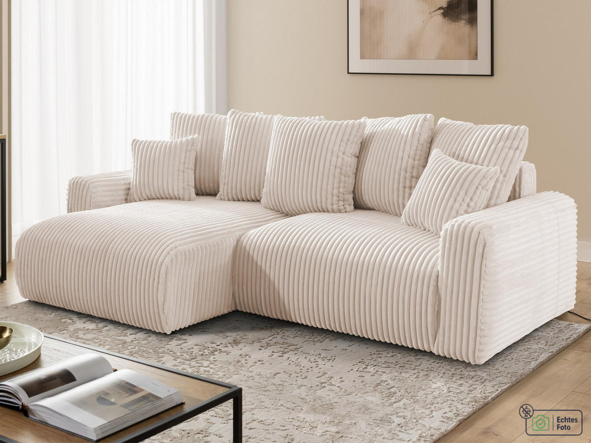 ECKSOFA Calma mit Schlaffunktion und Bettkasten im Bumpy-Design aus weichem Hellbeige Plüschcord - Ottomane links - Beige/Schwarz, Holz/Kunststoff (239/140cm) - S-Style