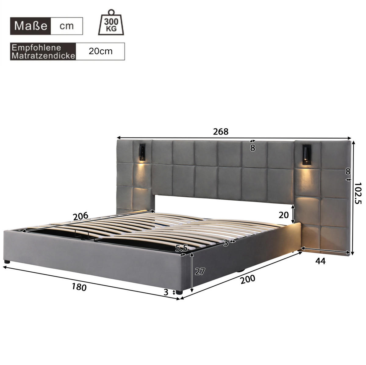 POLSTERBETT 180/200 cm grau aus Stahl mit Stauraum, USB und Leselicht - Grau, Holzwerkstoff (180/200cm) - OKWISH