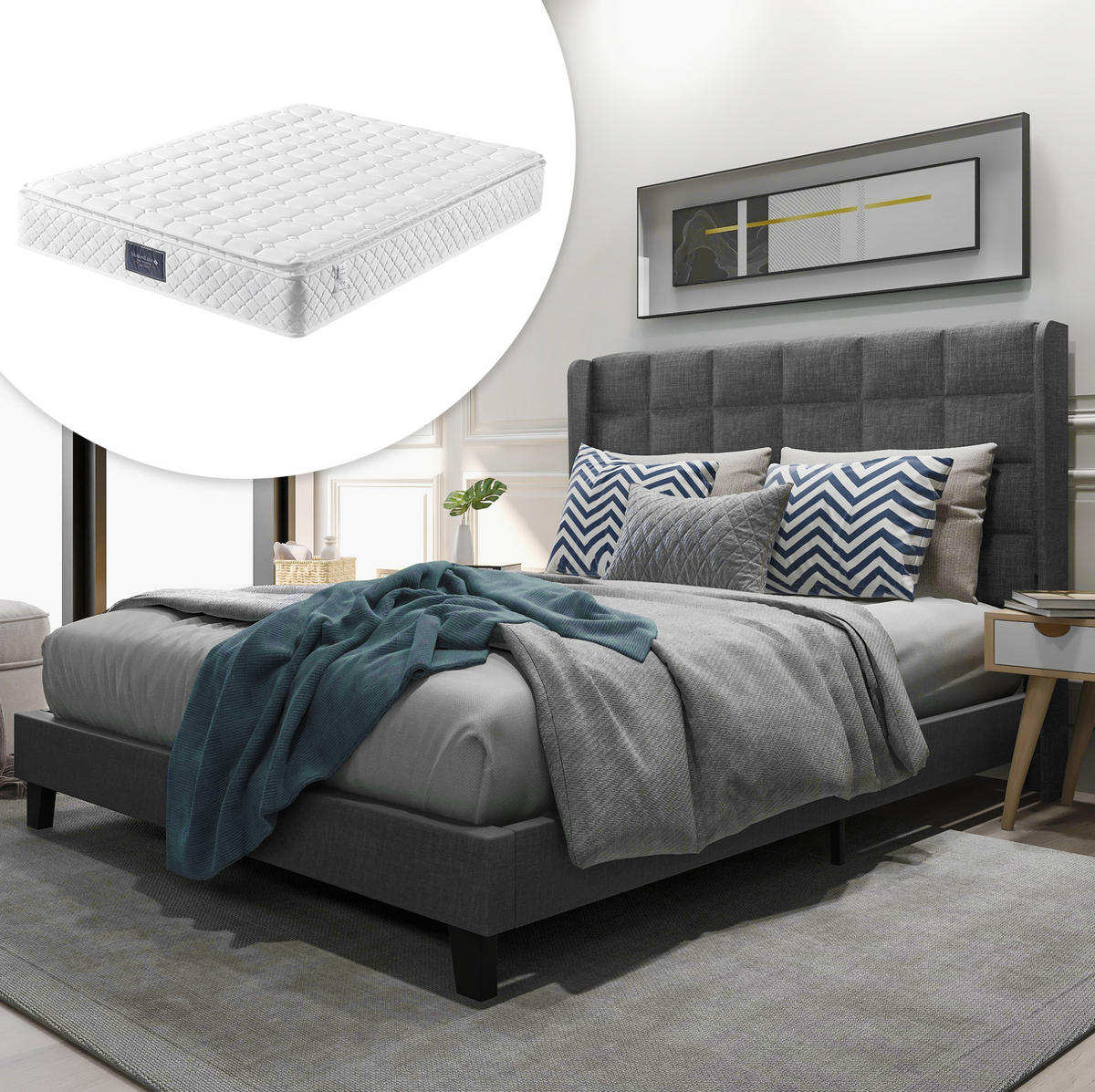 POLSTERBETT 140/200 cm Grau aus Leinen mit Federkernmatratze - Grau, Textil (140/200cm) - OKMYHOME