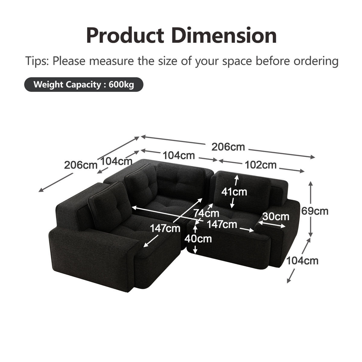 ECKSOFA aus Cord mit modularem Design Schwarz - Schwarz, Textil (104/177cm) - Modenvie