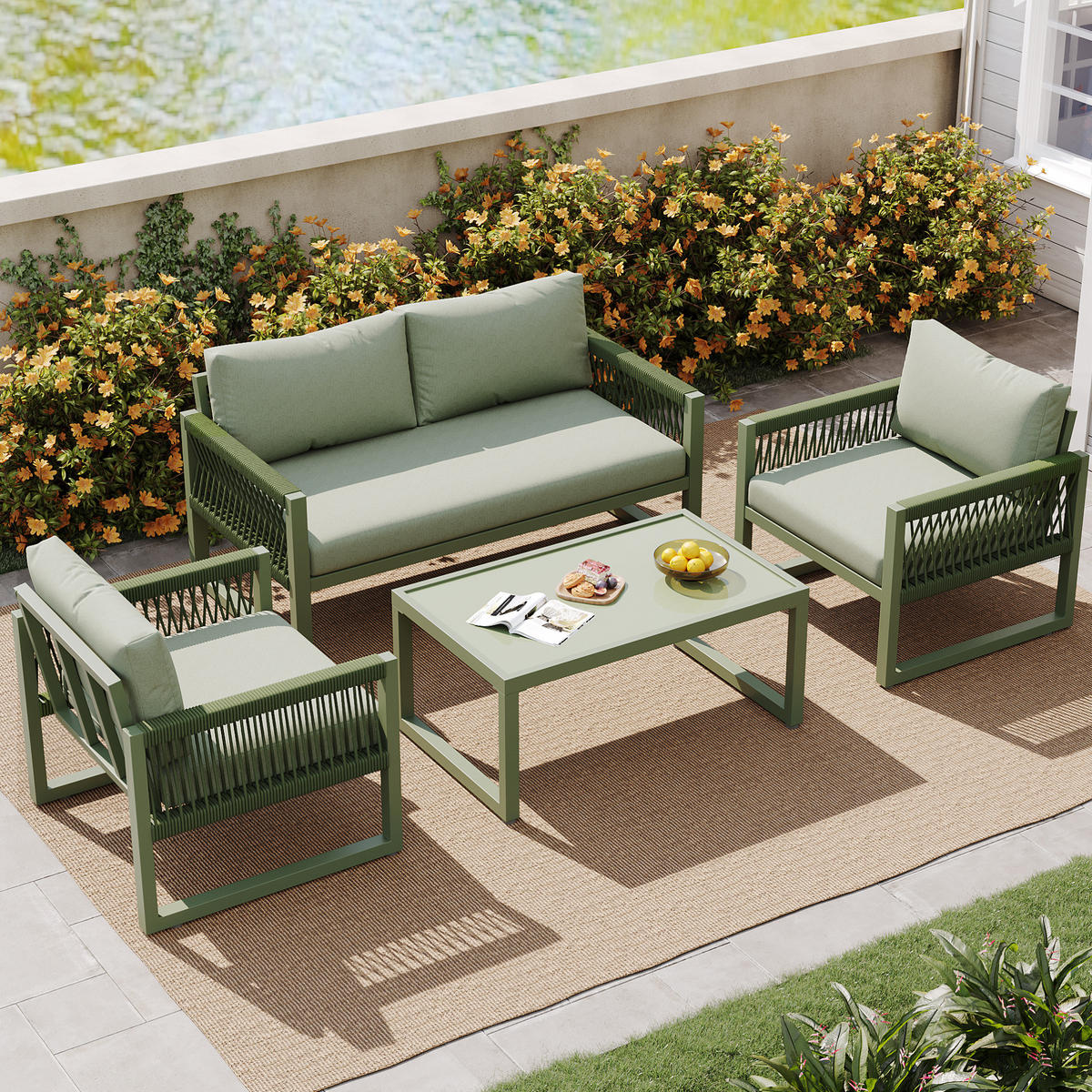 GARTEN-LOUNGE-SET mit Glas-Couchtisch & Seilgeflecht, 4-teilig, 126/65/72 cm, Grün - Grün, Metall - Redom