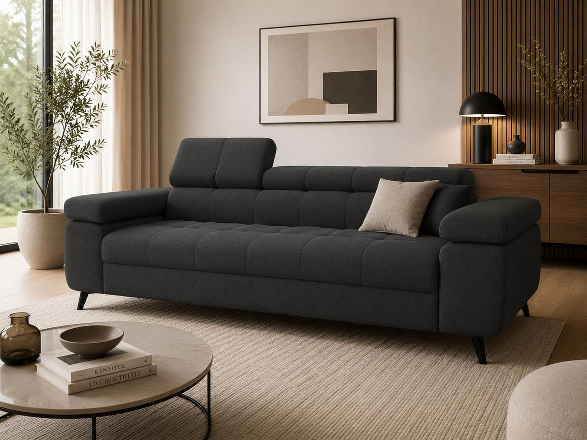 SCHLAFSOFA FJORD, 3-sitzer, verstellbarer Kopfstütze, Schlaffunktion, anthrazit - Anthrazit, Textil (260/90/97cm) - KS Home Concept
