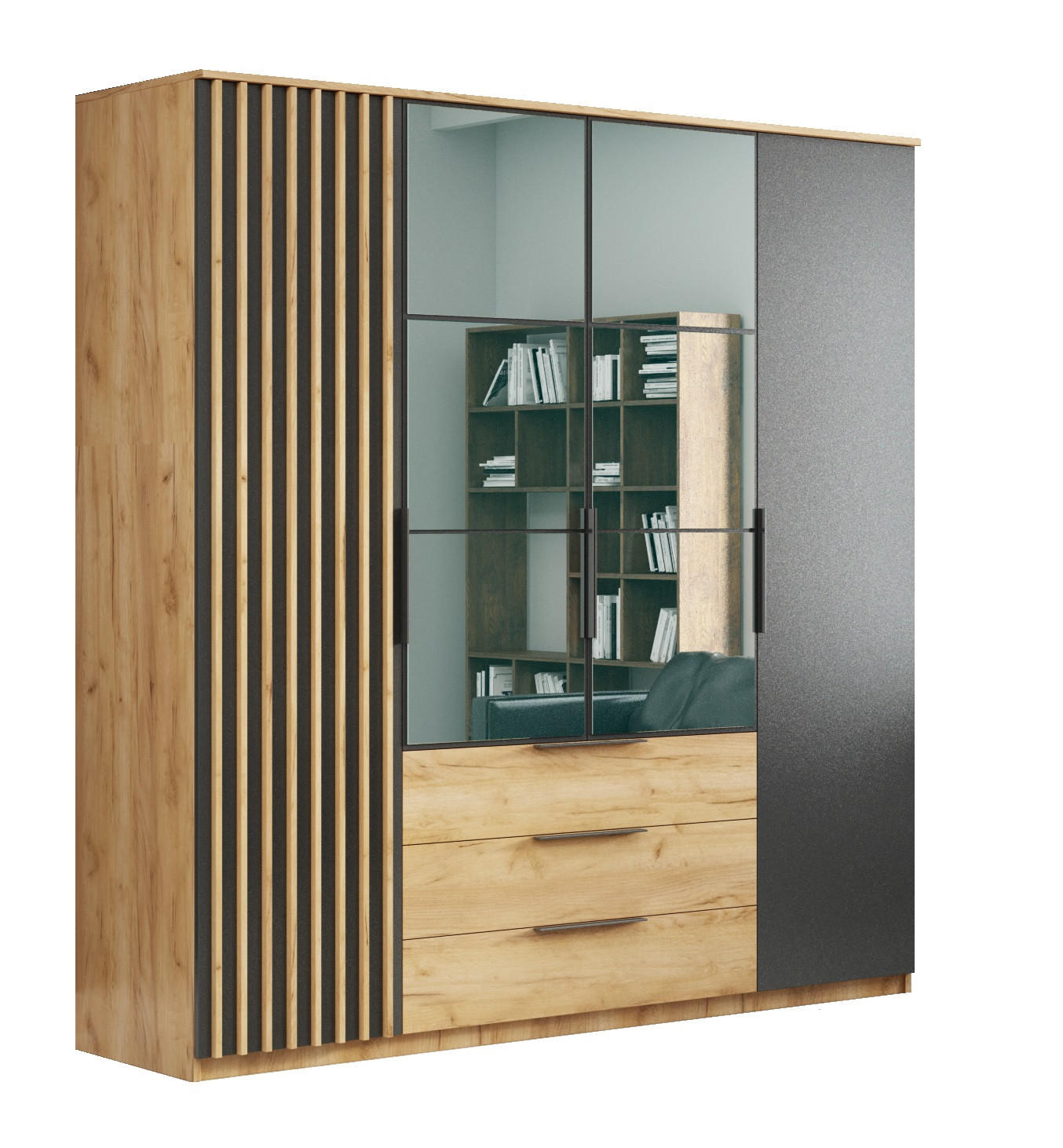 KLEIDERSCHRANK Sorento - Craft Gold, Lamellen Schwarz - 200 x 215 x 61 cm - Eichefarben, Holzwerkstoff (200/215/61cm) - BM-Möbel