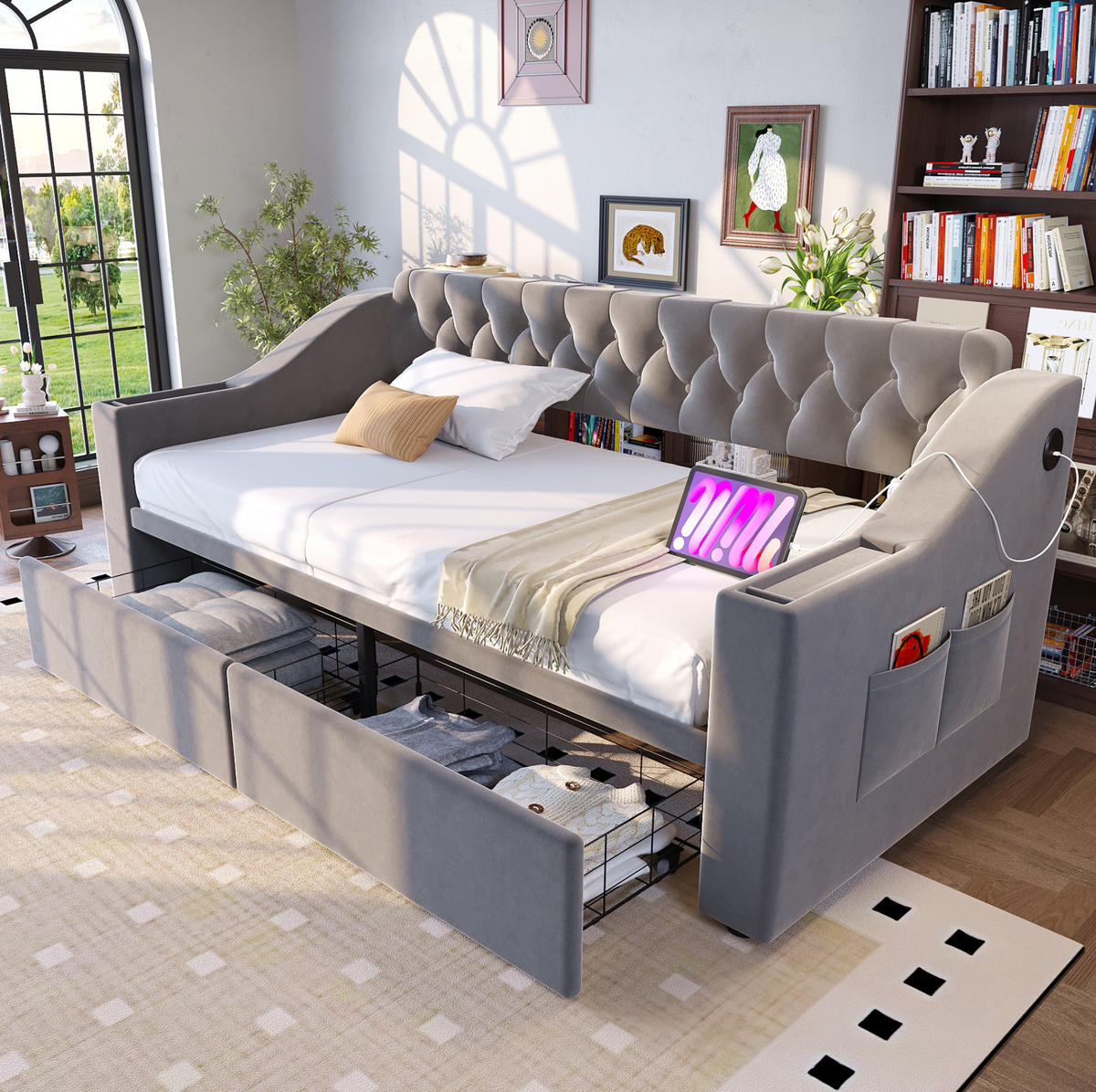 POLSTERBETT 90/190 cm Hellgrau mit Stauraumschubladen und USB - Hellgrau, Textil (90/190cm) - MIVRAY