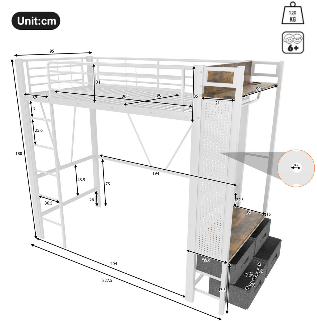 HOCHBETT 90/200 cm Eisenrahmen mit 4 Schubladen und USB-Anschluss mit Matratze - Weiß, Metall (90/200cm) - OKWISH
