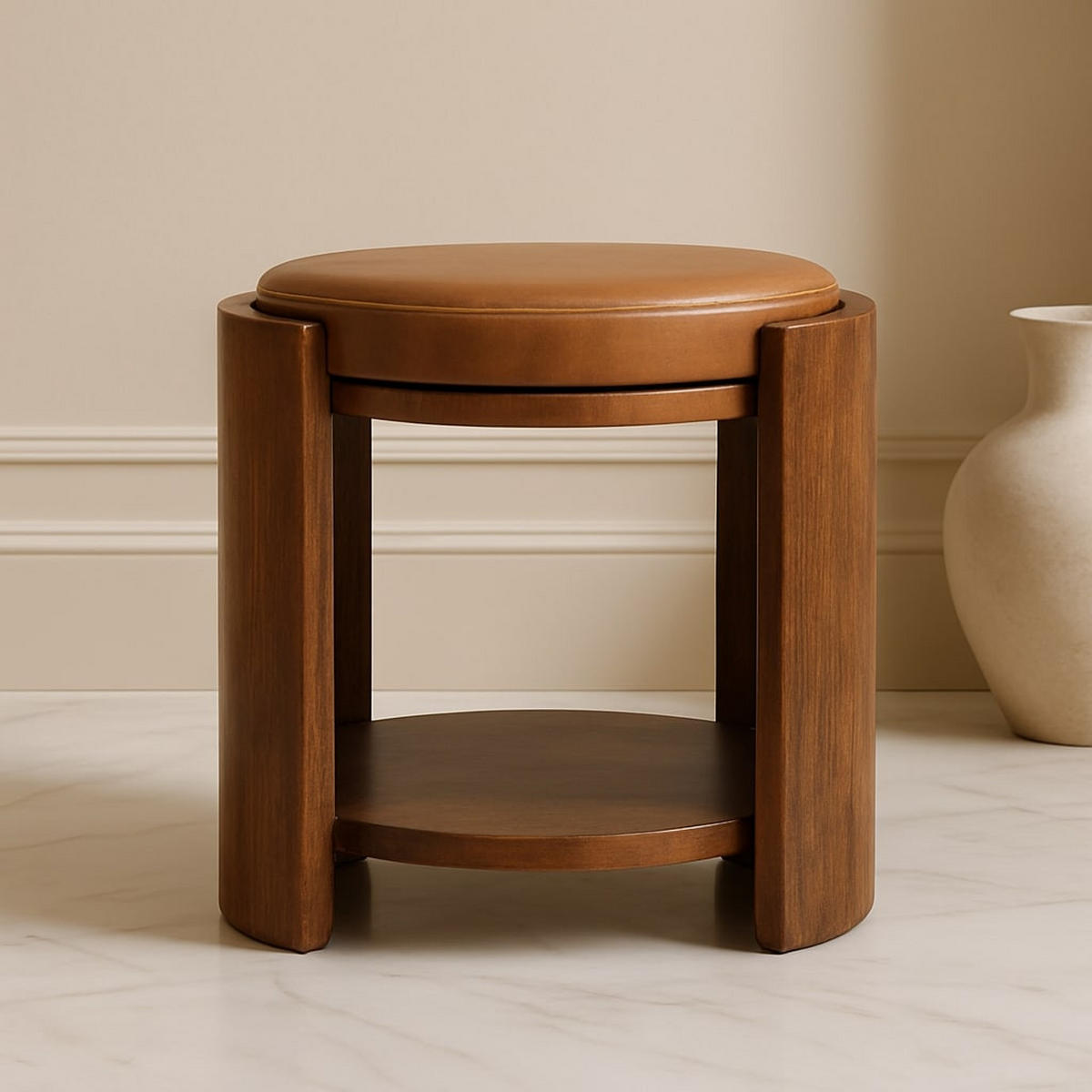 HOCKER mit Roasted-Almond-Finish, 1 offene Ablage, Ledersitz, kakaobraun - Braun, Leder/Holz (38/41/38cm) - Artisan Furniture