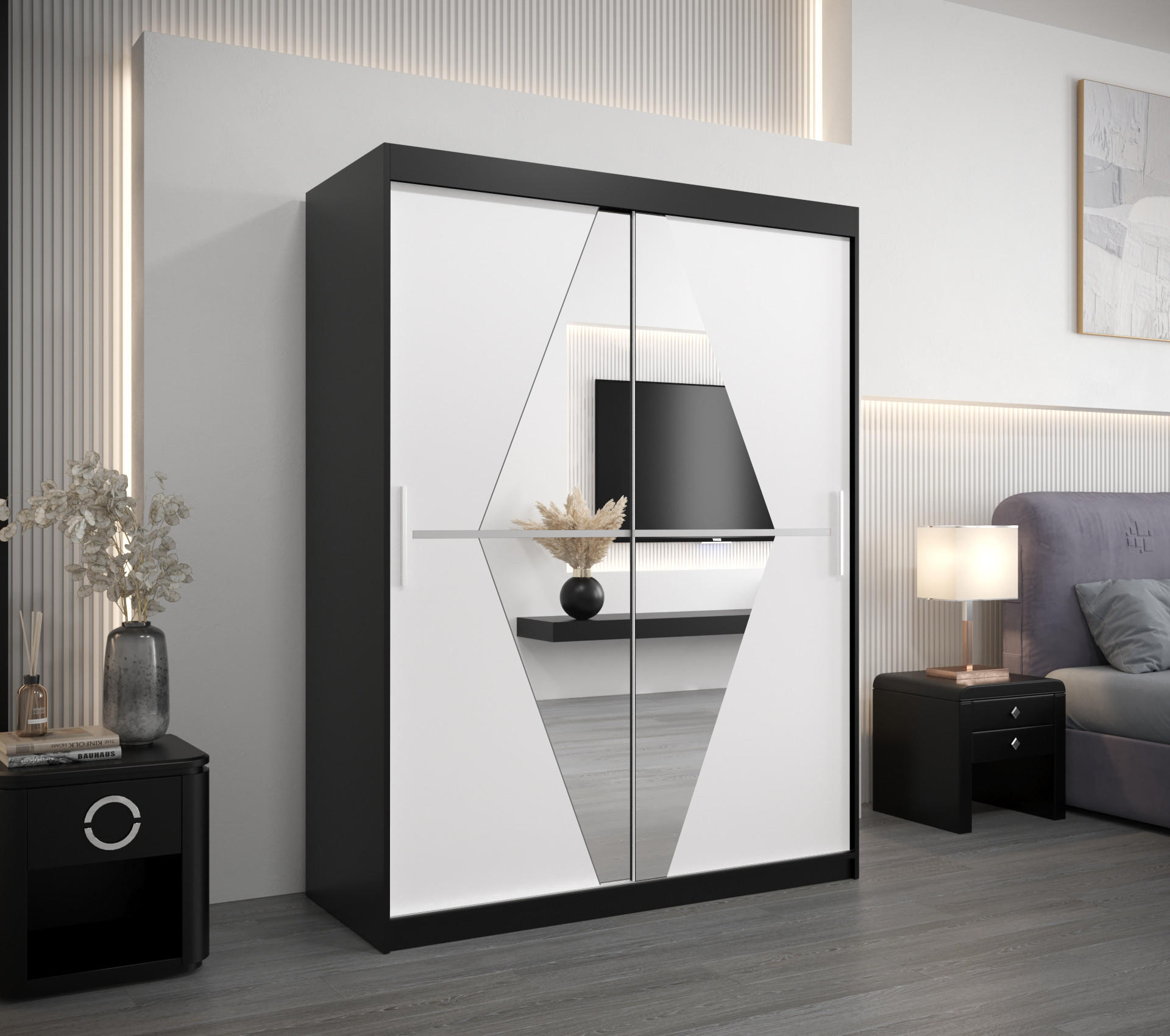 SCHWEBETÜRENSCHRANK 200/150/62 2-türig - Silberfarben/Schwarz, Holz/Kunststoff (150/200/62cm) - Abiks Möbel