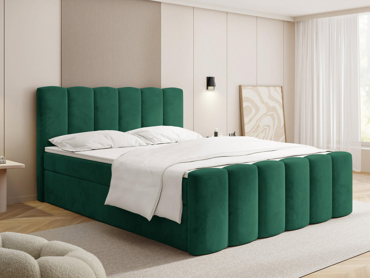 BOXBETT Serenity mit Bettkasten, Smaragdgrün Samt 120x200 cm – inkl. H4 Taschenfederkern Matratze & Foam Topper - Smaragdgrün/Schwarz, Holz/Holzwerkstoff (120/200cm) - WFL GROUP
