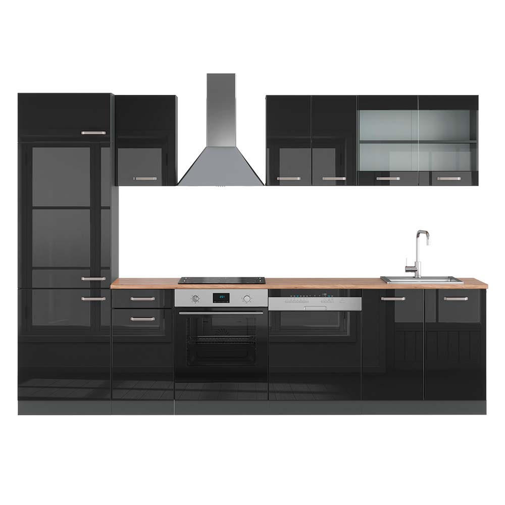 KÜCHENZEILE R-Line Schwarz Hochglanz/Anthrazit 300 cm, AP Eiche - Schwarz Hochglanz/Anthrazit, Holzwerkstoff (300/81.6/60cm) - Vicco