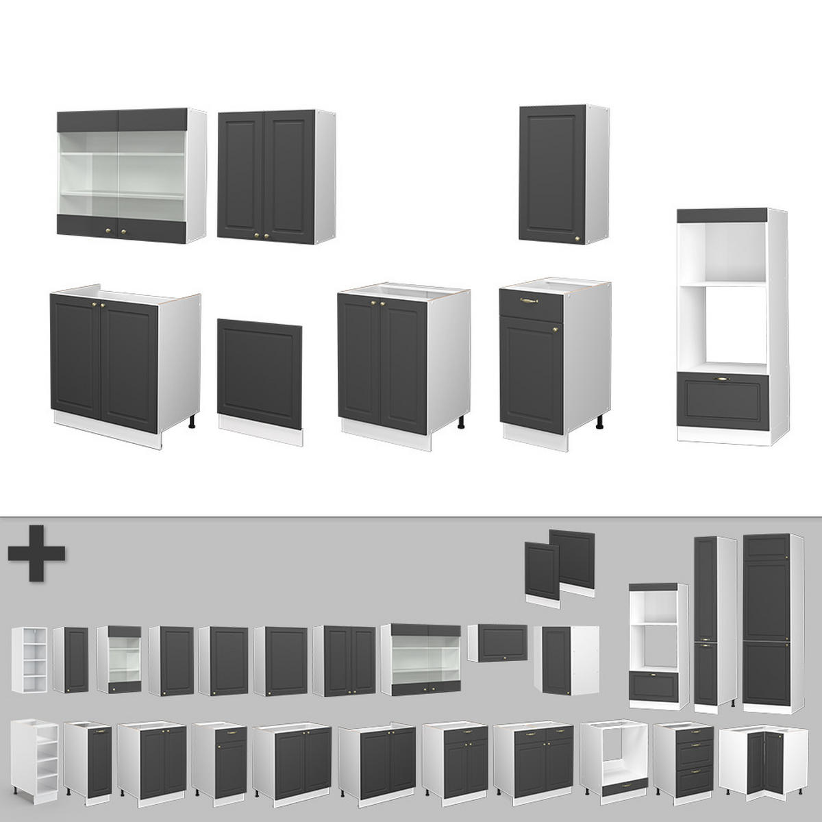 KÜCHENZEILE Fame-Line Anthrazit-Gold/Weiß 300 cm mit Hochschrank AP Eiche - Graphitfarben/Weiß, Holzwerkstoff (300/81.6/60cm) - Vicco
