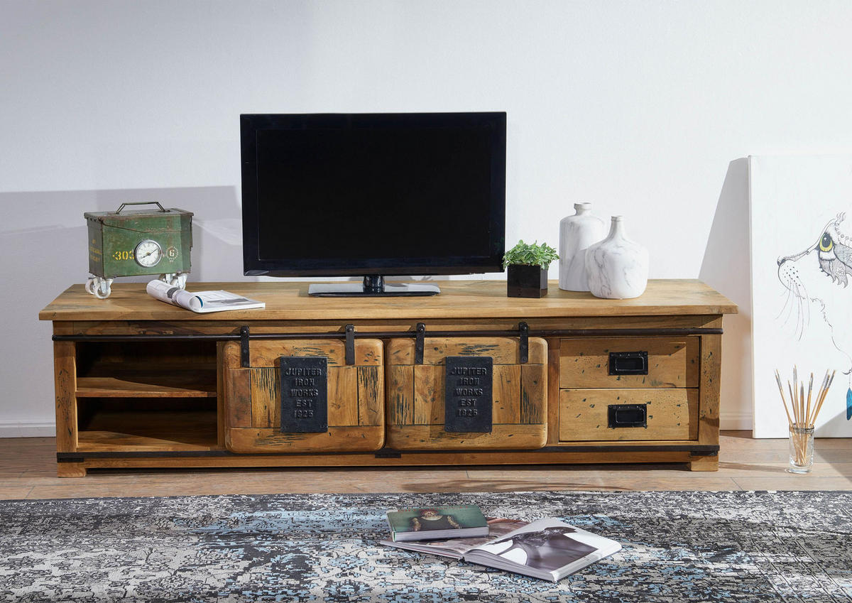 TV-BOARD Mango 200x55x50 natur lackiert RAILWAY #151 - Naturfarben, Holz (200/50/55cm) - Massivmoebel24