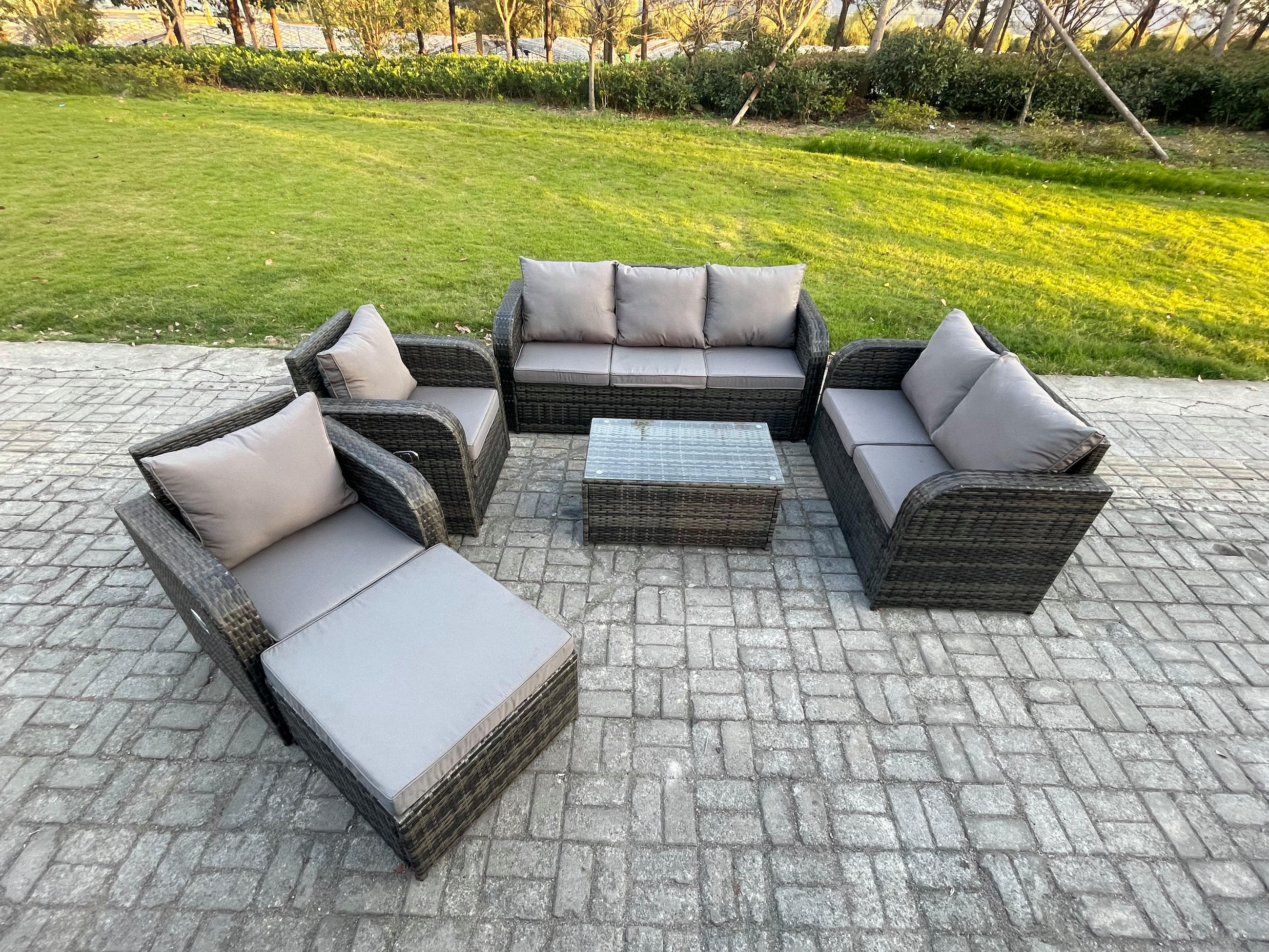 GARTENMÖBELSET mit Couchtisch Polyrattan 8-Sitzer - Dunkelgrau/Grau, Glas/Kunststoff - Fimous