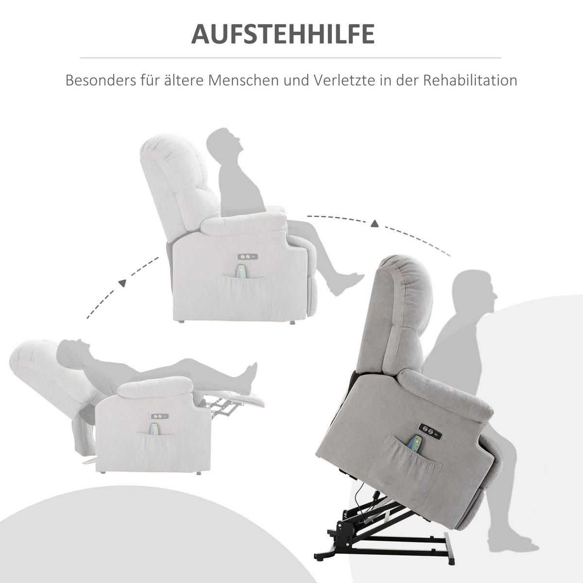MASSAGESESSEL mit Aufstehhilfe Relaxsessel Fernsehsessel mit Wärmefunktion Grau - Grau, Kunststoff (95/105/83cm) - HOMCOM