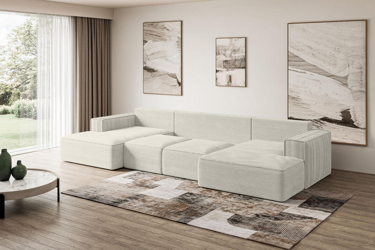 WOHNLANDSCHAFT mit Schlaffunktion und Bettkasten SIERRA-U-S - 349x161x87 cm Hellgrau Cord - Hellgrau/Schwarz, Holzwerkstoff/Kunststoff (349/87/161cm) - ALTDECOR