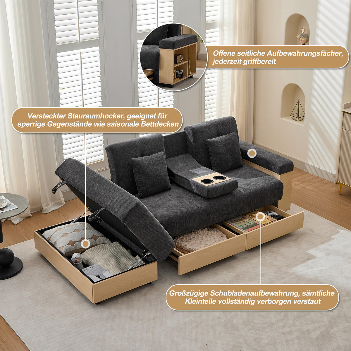 WOHNLANDSCHAFT Graues Chenille‑Stoffsofa mit Multifunktions‑Stauraum und verstellbarer Rückenlehne 217 × 110 × 90 cm - Grau, Textil (217/90/110cm) - Luhomfu