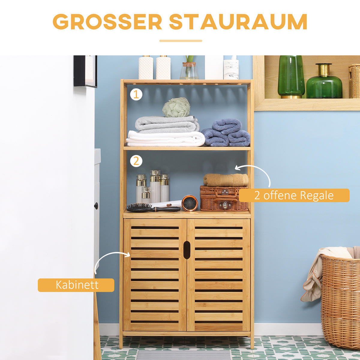 BADEZIMMERSCHRANK Bambus Badschrank hoch mit 2 Lamellentüren, 2 offene Fächern - Naturfarben, Holz (30/120/60cm) - Kleankin