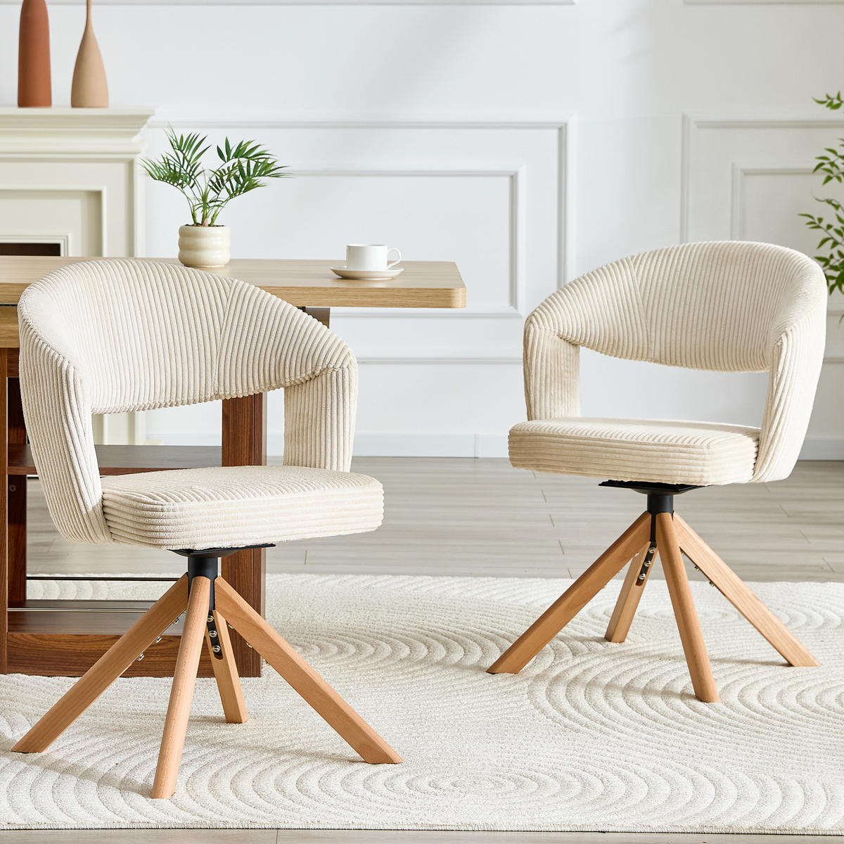 ESSZIMMERSTÜHLE 2er-Set Drehbar Cord Massivholz Retro-Stil - Beige, Textil (47/81.5/47.5cm) - Urban Meuble