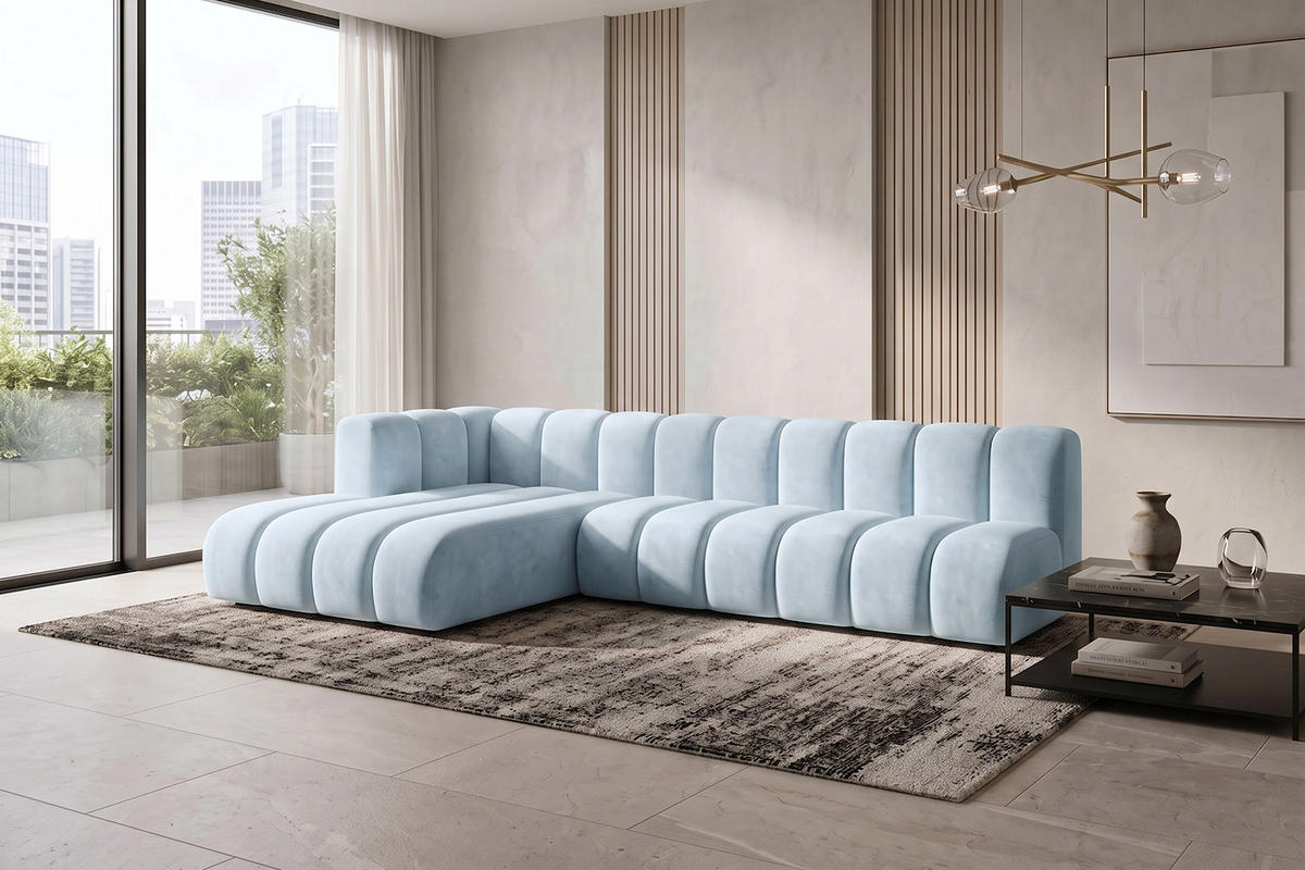 ECKSOFA Modulares In L-Form, Velvet-Stoff Riviera, Babyblau, Links, GRAND 295 cm - Hellblau, Holz (295/179cm) - Kaiser Möbel