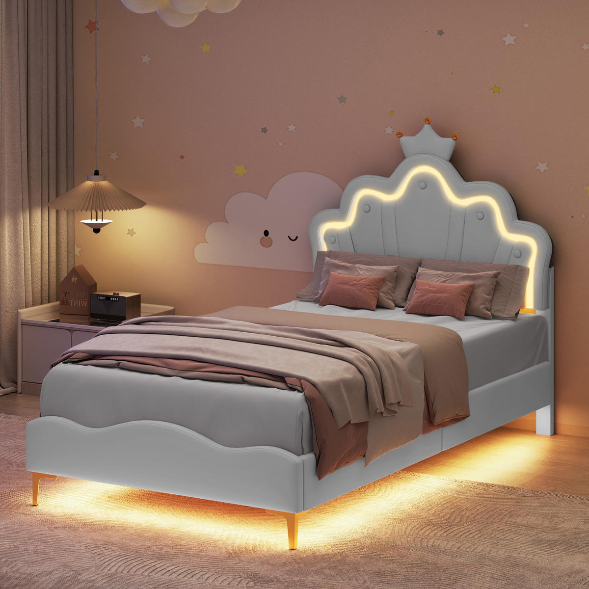 KINDER-POLSTERBETT 90x200 cm Royal Princess mit Kronen-Kopfteil und intelligenter RGB-LED, Kunstleder Weiß - Weiß, Textil (90/200cm) - DELFA