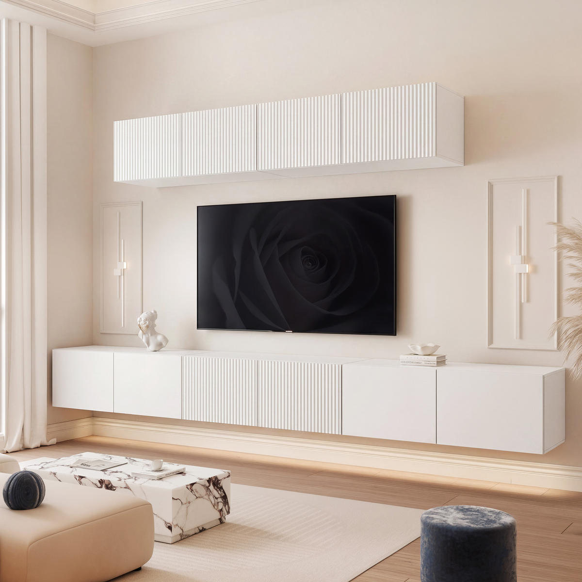 TV-LOWBOARD ANGEL VIII mit LED-Beleuchtung, 300 cm Weiß matt - Weiß, Holzwerkstoff (300/72/40cm) - Idohome