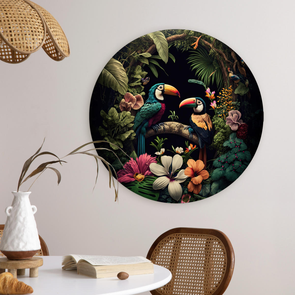 WANDBILD Vogel - Blumen - Pflanzen - Dschungel - Schwarz - Tukan 60x60 cm - Smaragdgrün, Kunststoff (60/60cm) - MuchoWow