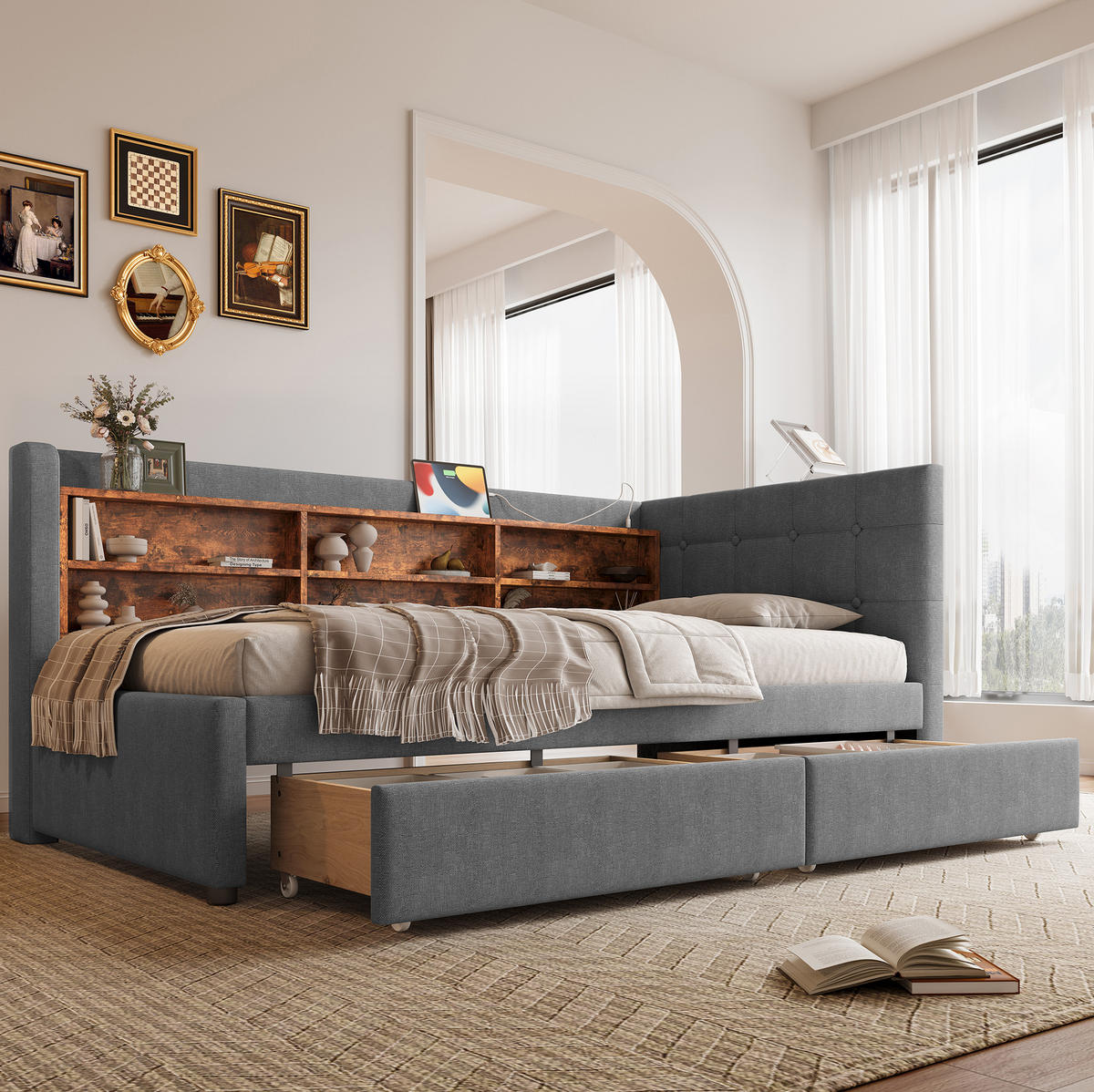POLSTERBETT 90/200 cm grau aus Leinen mit 2 Schubladen und USB-Anschluss - Grau, Textil (90/200cm) - OKMYHOME
