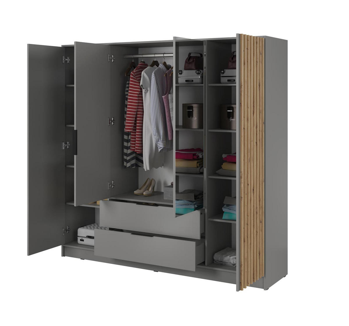 KLEIDERSCHRANK Nelly Grau, vierürige Schrank, Garderobe mit Spiegel und Schubladen - Grau, Holzwerkstoff (206/200/51cm) - Bettso